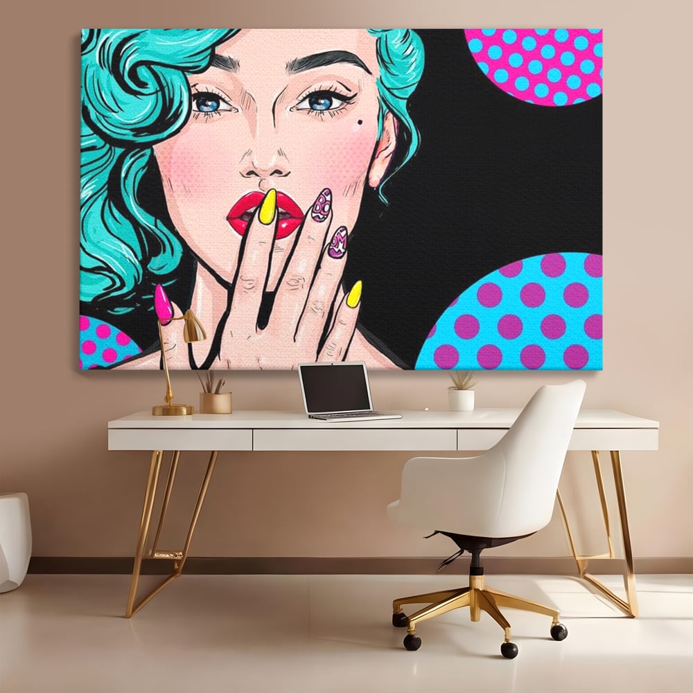 Tablou canvas cu tablou canvas cu femeie pop art, fara rama, pe sasiu de lemn, pe perete intr-un birou
